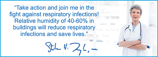 Dr. Stephanie Taylor says: 'Take action and join me in the fight against respiratory infections! Relative humidity of 40-60% in buildings will reduce respiratory infections and save lives.'